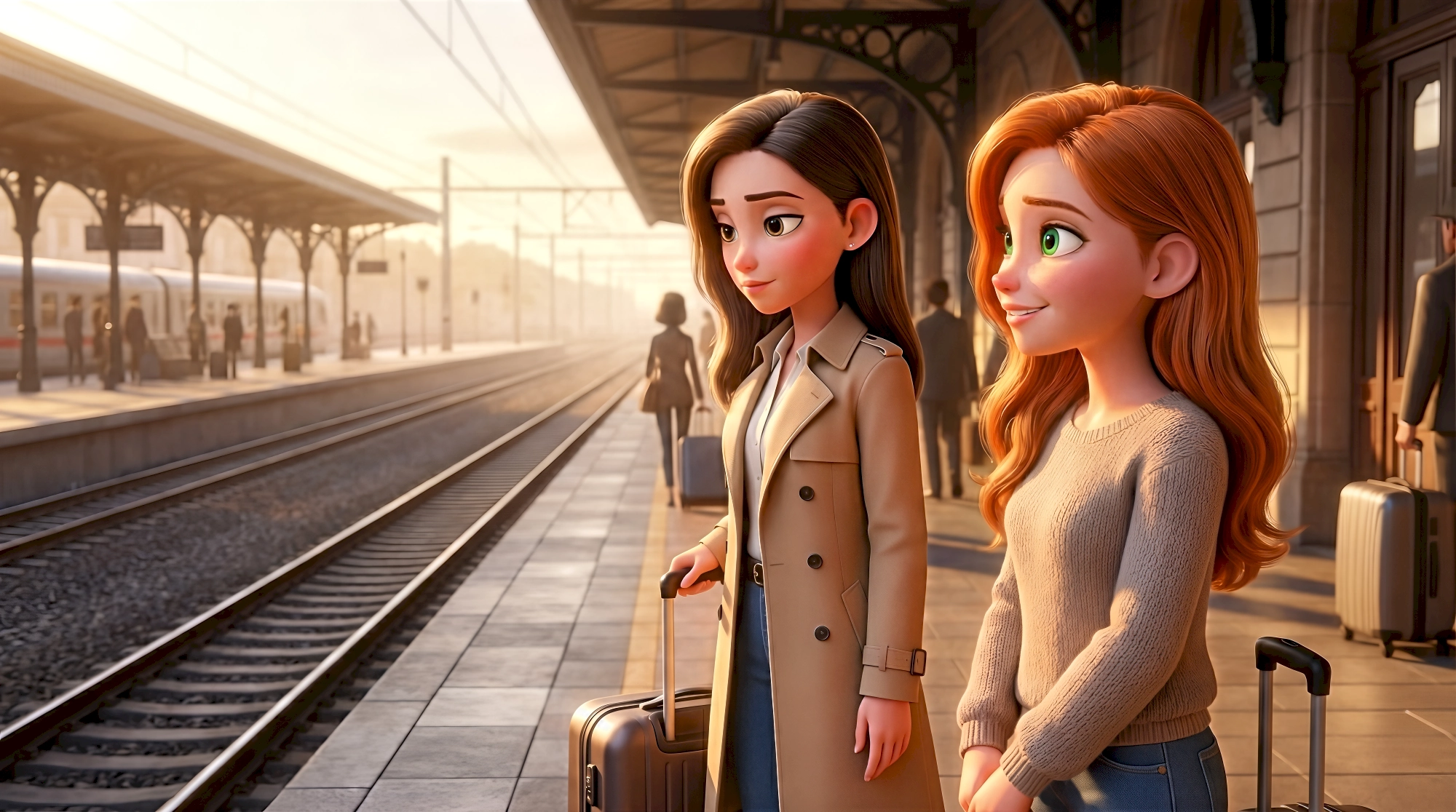 Two stylized 3D animated women including one in a camel trench coat and one in a