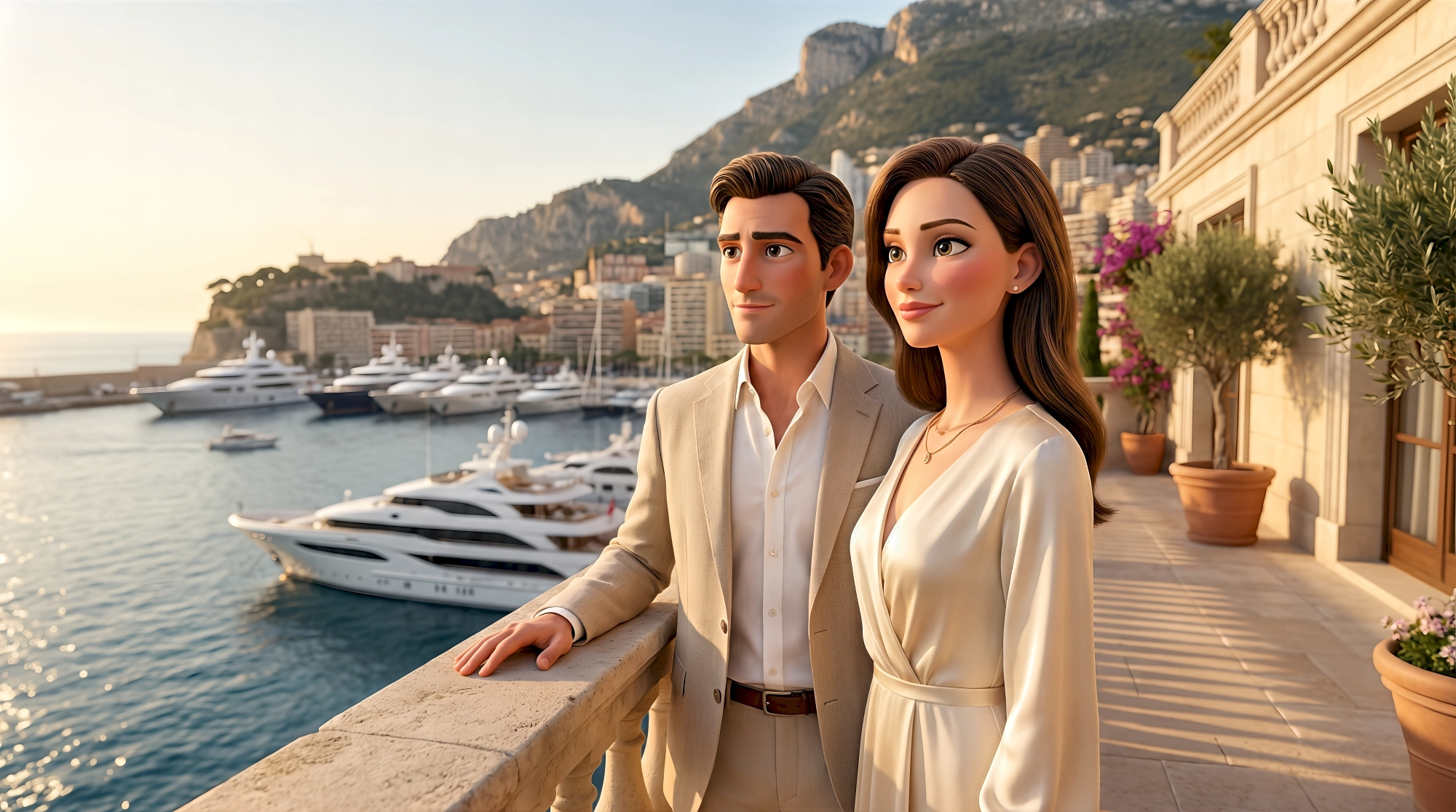 Two sophisticated 3D animated characters in a linen suit and silk wrap dress stand on a