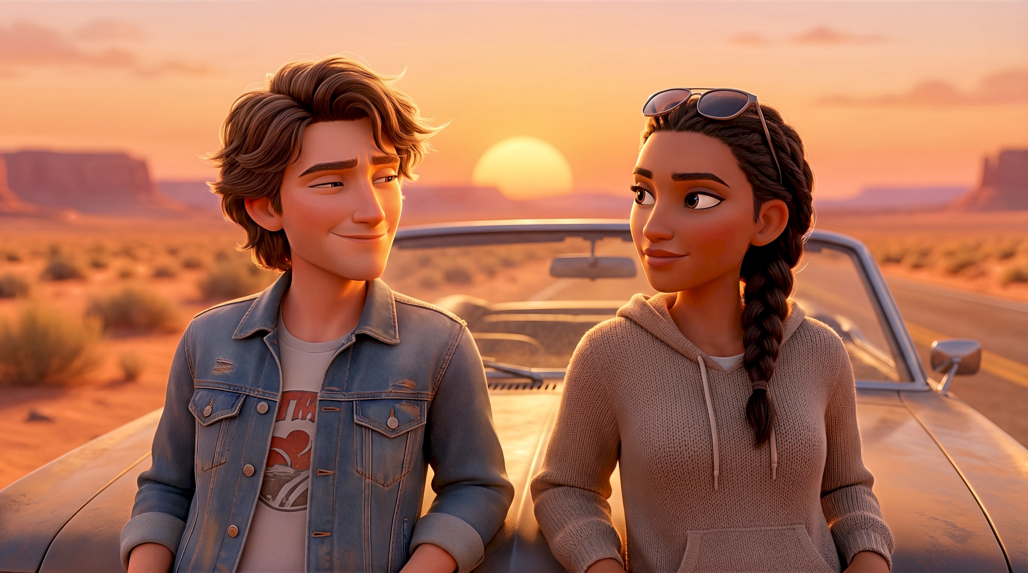 Two cinematic 3D animated characters in a denim jacket and knit hoodie lean on a vintage