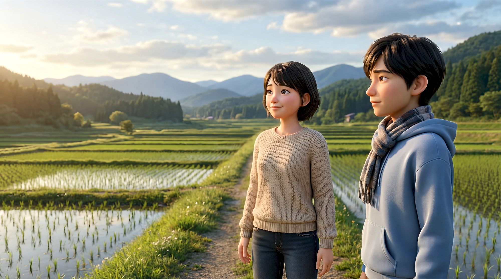 Two stylized 3D animated characters including a woman in a knit sweater and a young man