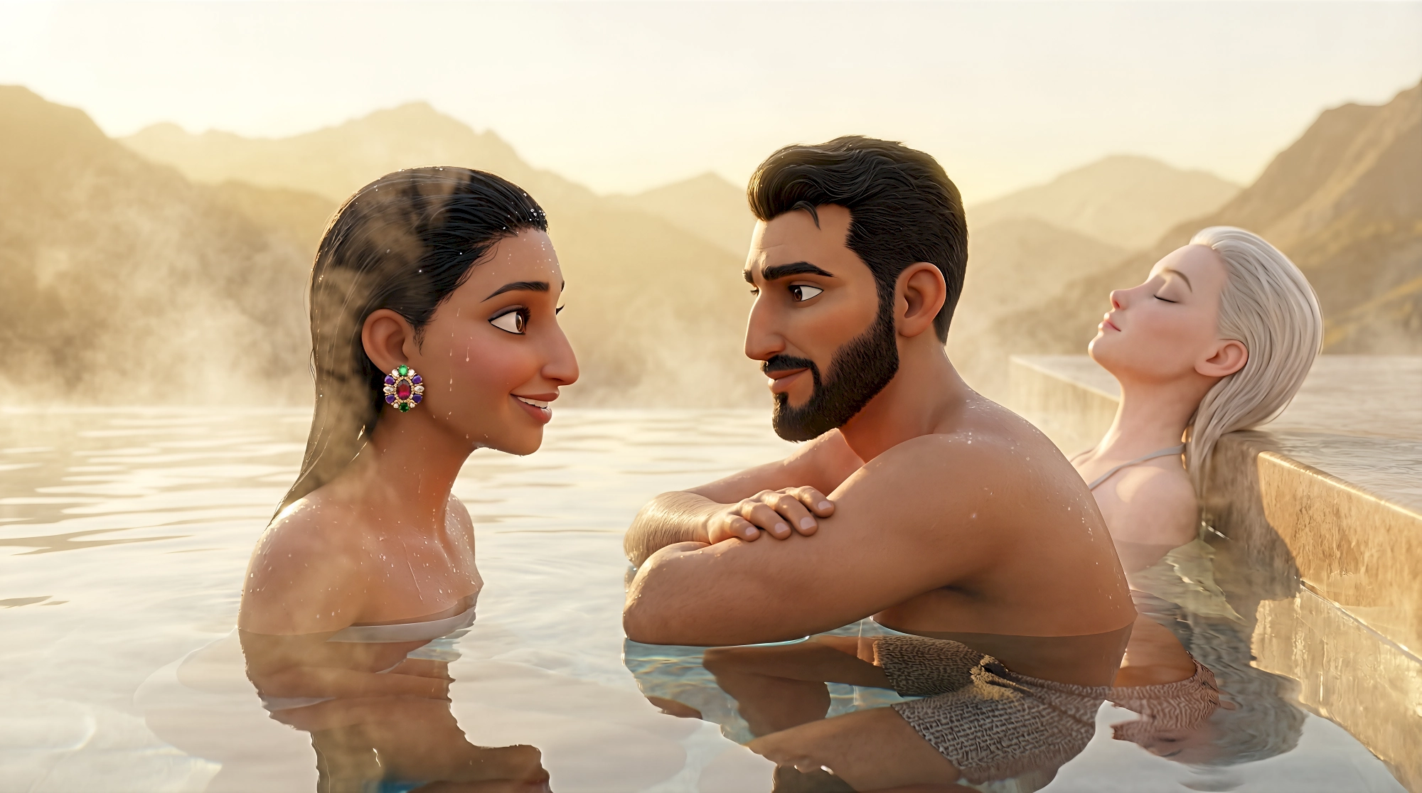 Three serene 3D animated characters including a woman with a jewelled earring a bearded man and