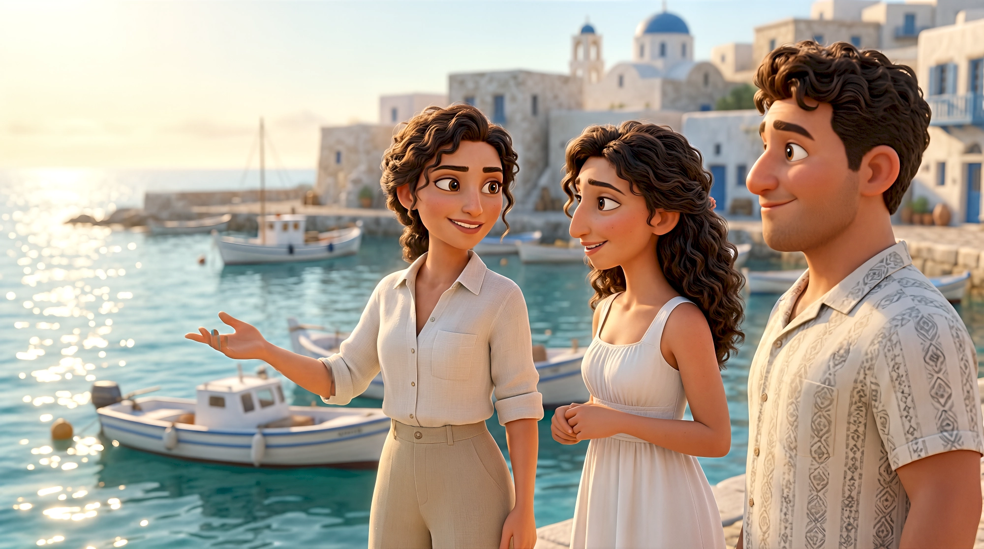 Three expressive 3D animated characters in linen shirts and summer dresses explore the sparkling waterfront harbour