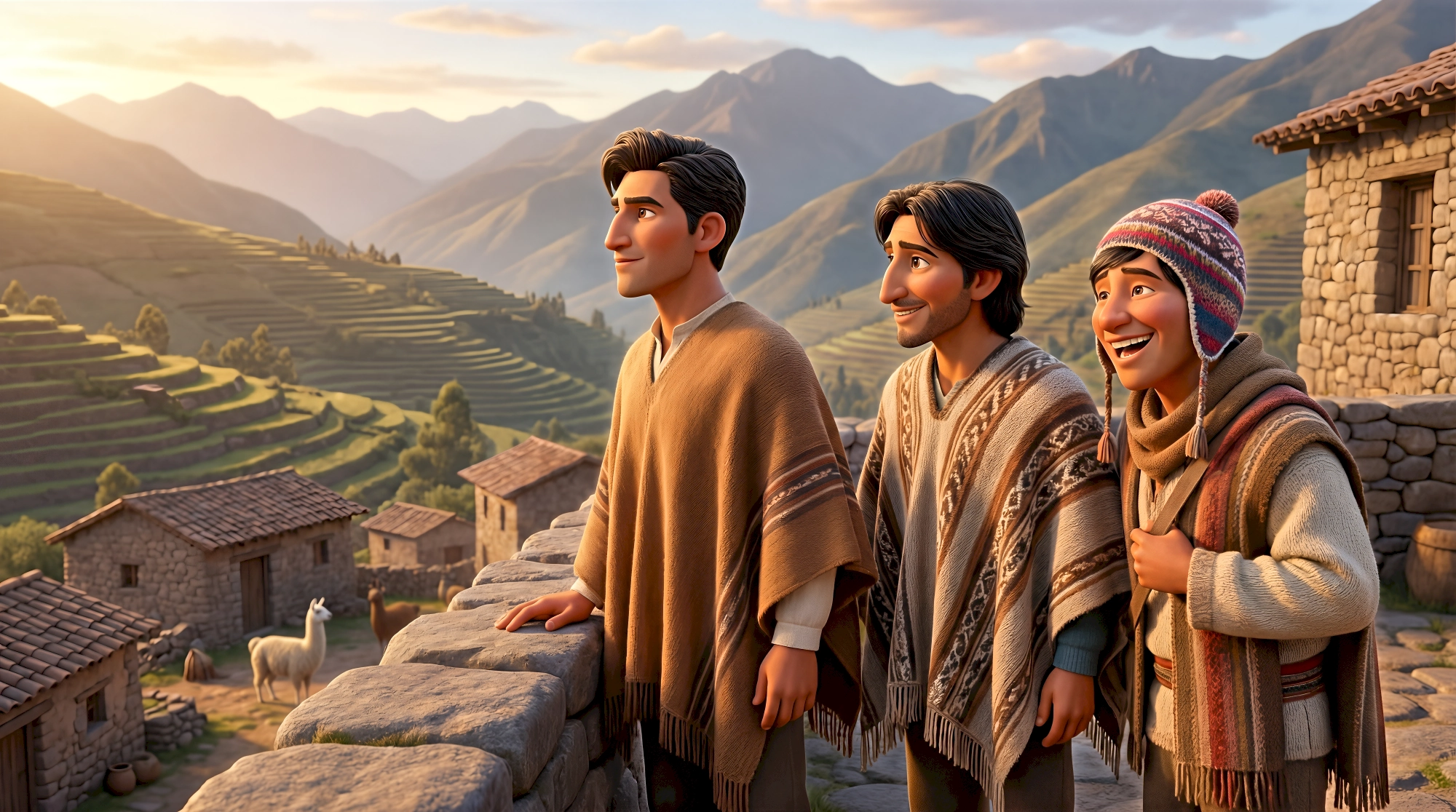 Three cinematic 3D animated characters in traditional Andean wool ponchos and a chullo beanie stand on