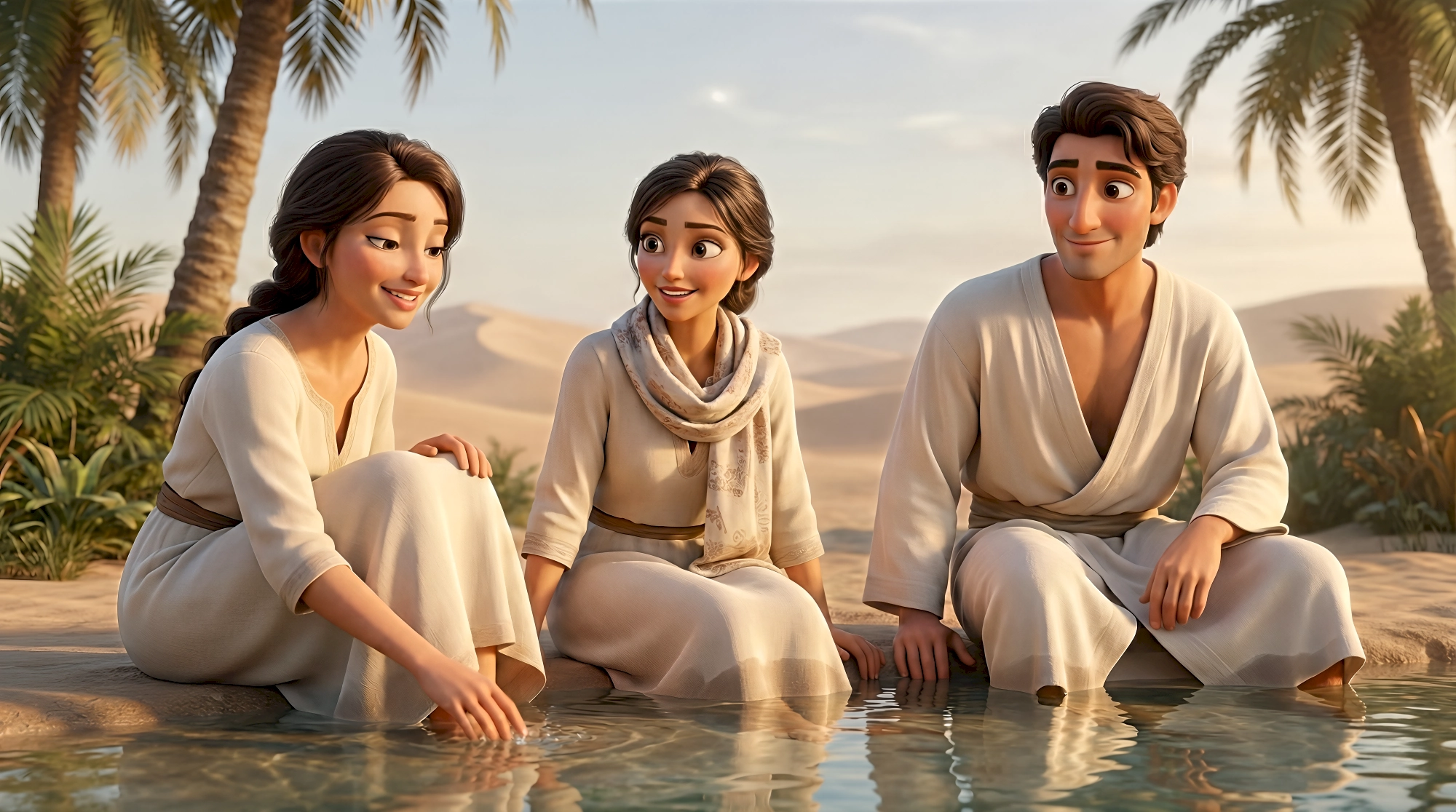 Three expressive 3D animated characters including two women and a man dressed in flowing cream linen