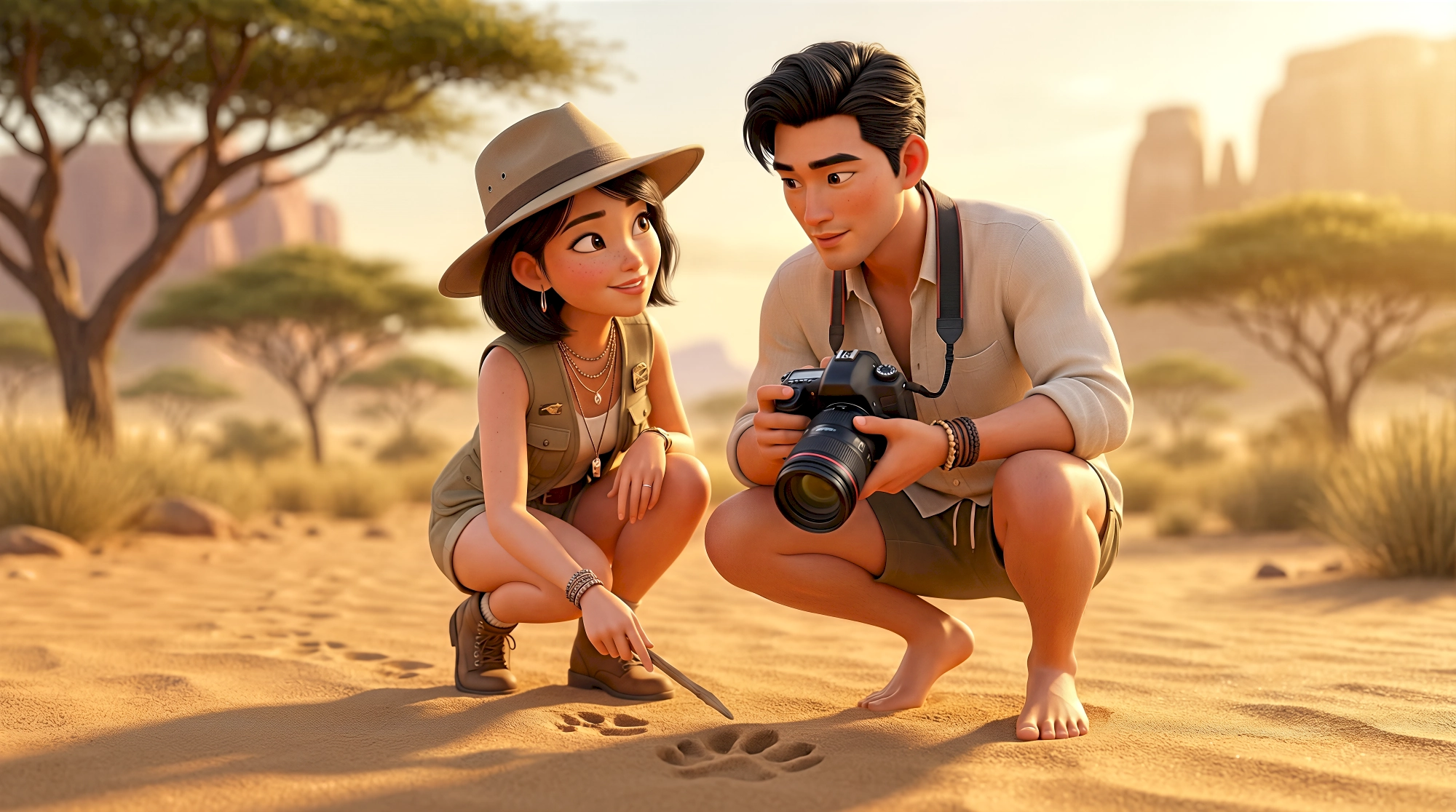 Two adventurous 3D animated characters in safari vest and pith hat crouch over large animal paw