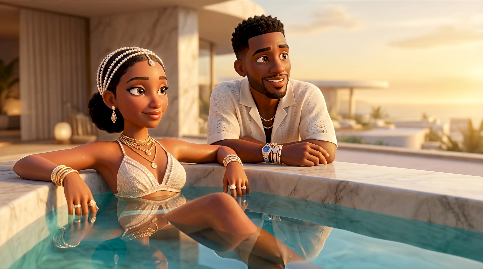 Two glamorous 3D animated characters draped in gold jewellery and luxury accessories relax at the edge