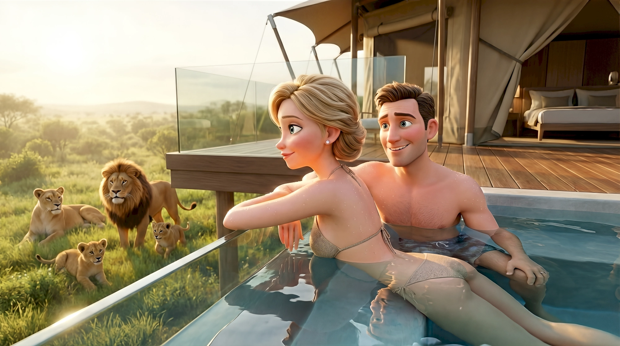 Two stylized 3D animated characters including a woman in a halter bikini and a shirtless man