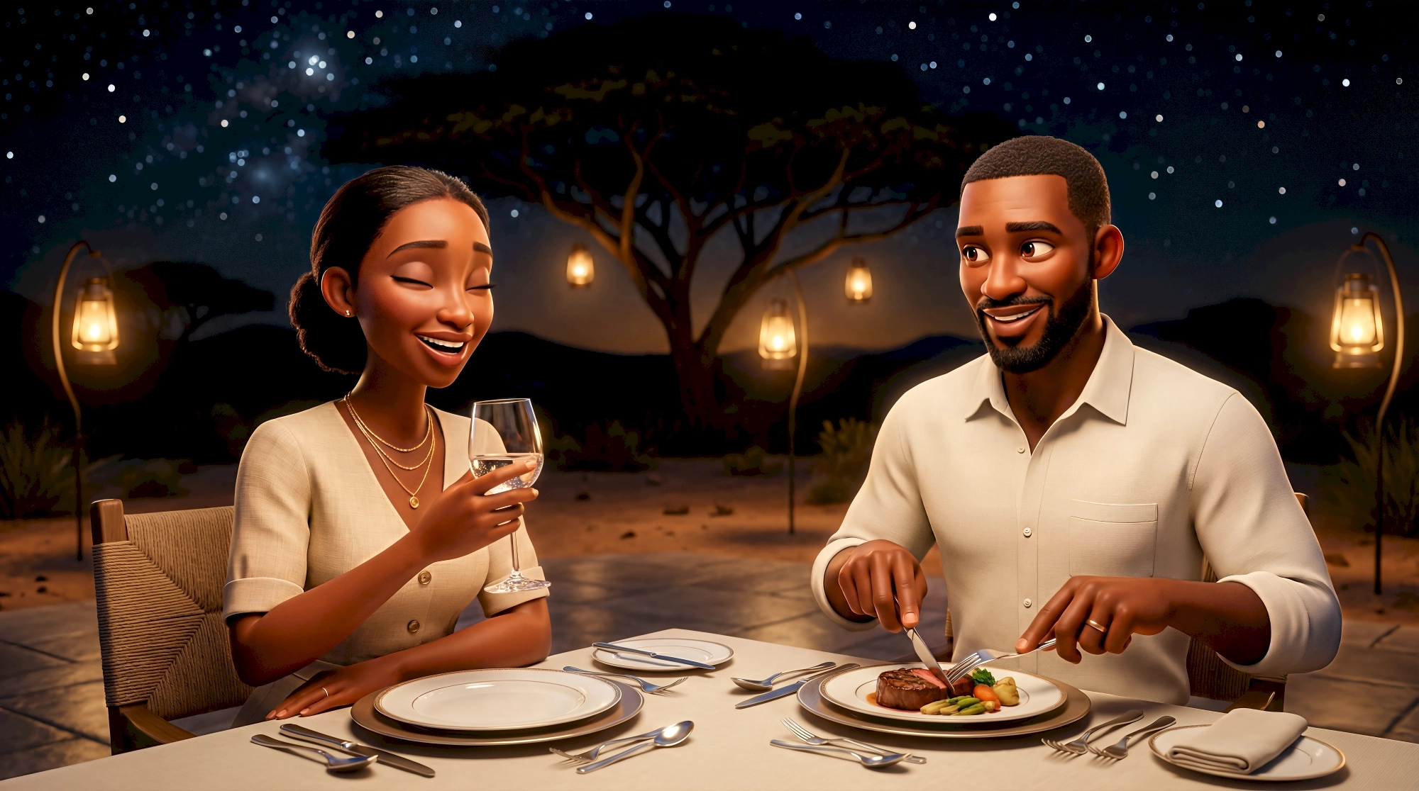 Two elegant 3D animated characters in cream linen share a romantic fine dining bush dinner under