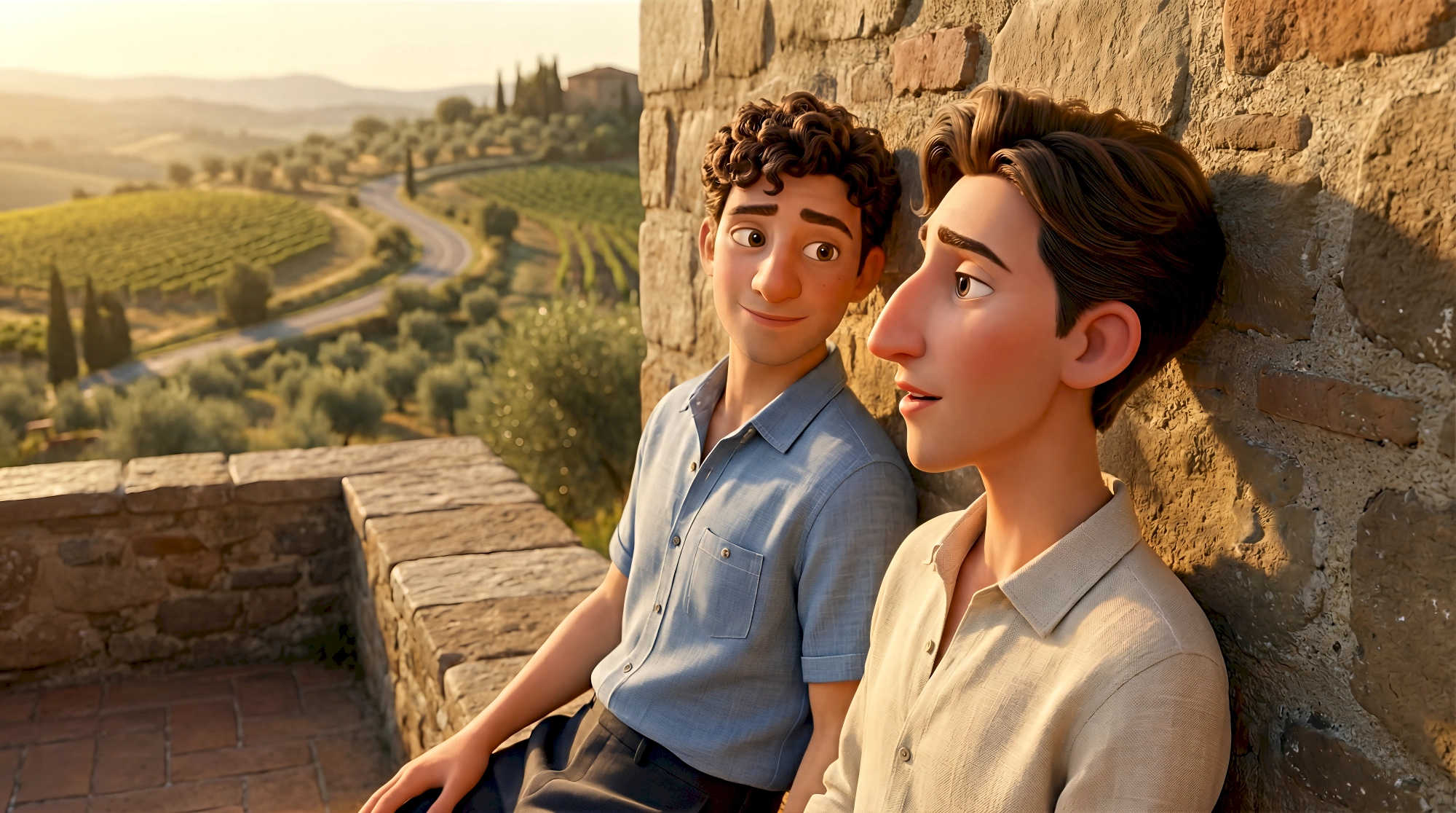 Two relaxed 3D animated men in linen shirts lean against an ancient stone wall on a