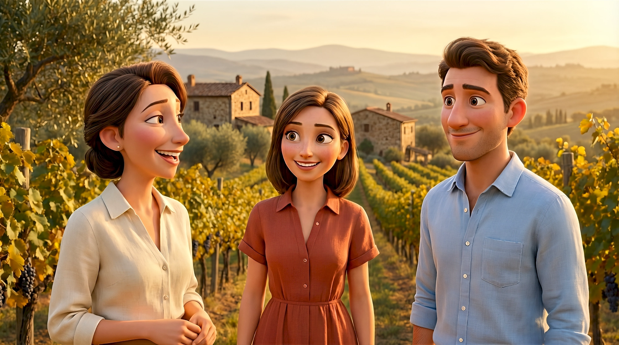 Three expressive 3D animated characters in linen and a terracotta dress stand among ripe grape vines