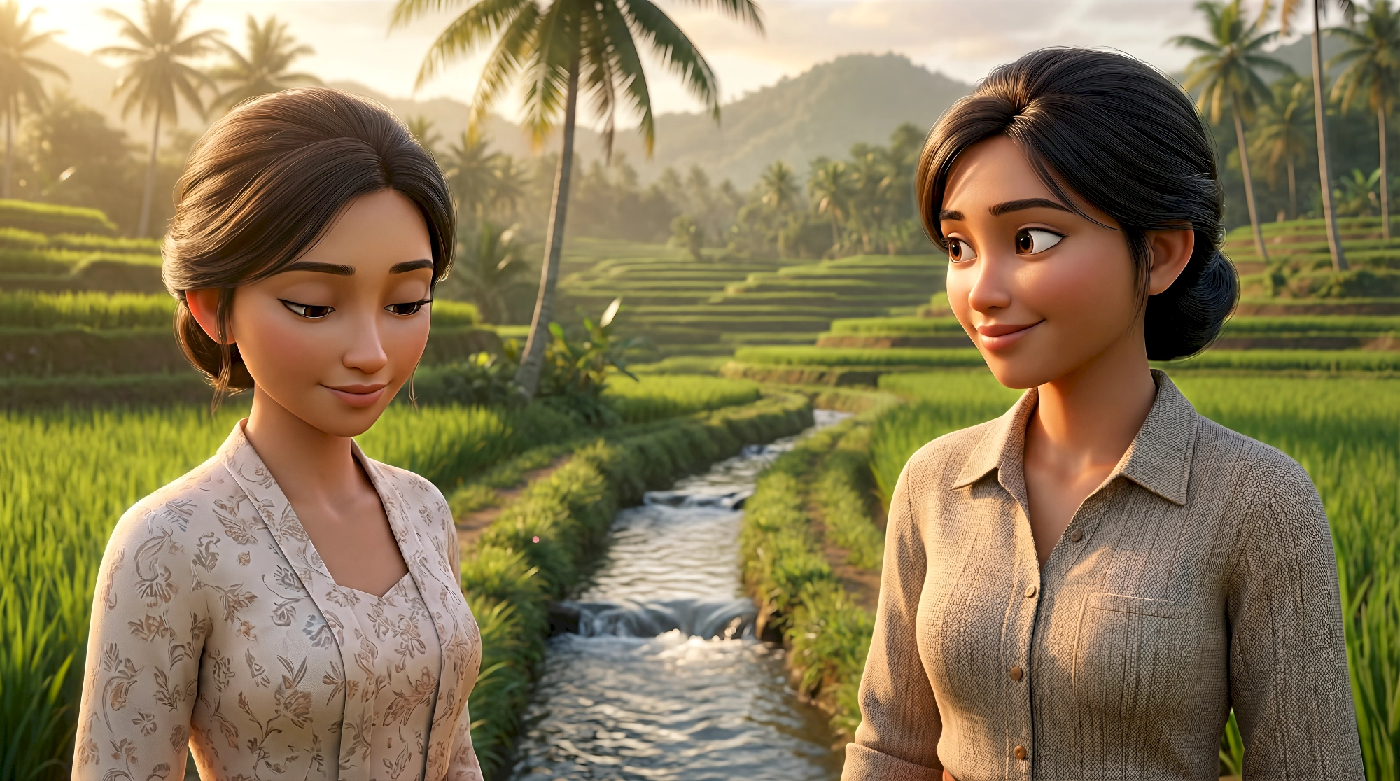 Two expressive 3D animated women in a floral batik blouse and linen shirt stand beside a