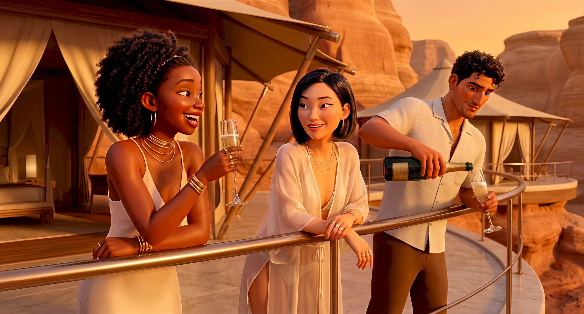 Three expressive 3D animated characters in elegant resort wear celebrate with champagne on the curved balcony